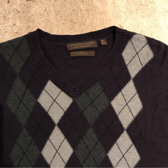 Sebastian Cooper Cotton Cashmere Blend Purply and Gray Argyle Sweater Size M - Picture 2 of 5